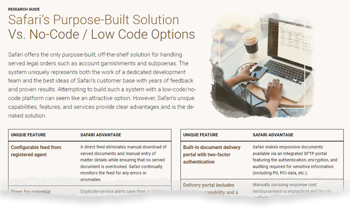 Safari’s Purpose-Built Solution Vs. No-Code / Low Code Options