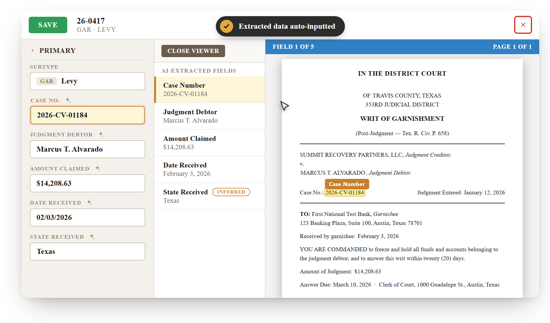 AI Data Extraction — extracted fields auto-inputted and linked to the source document