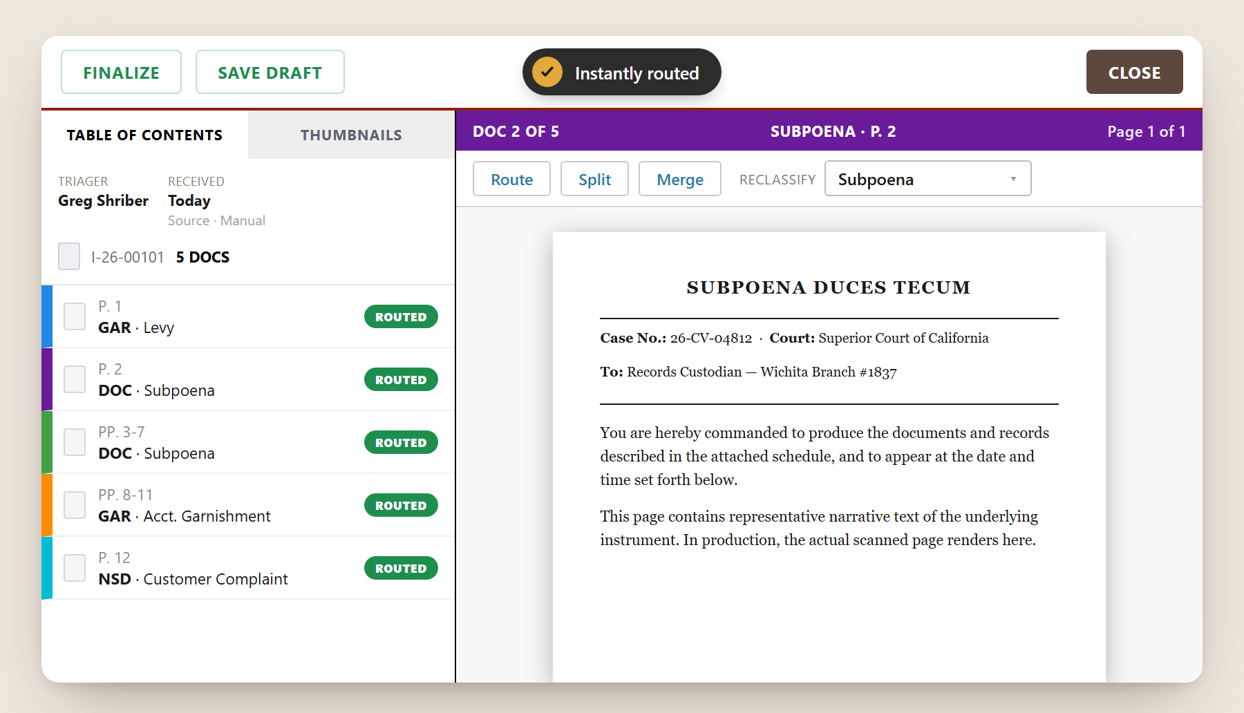 Served Document Manager — split and route incoming documents
